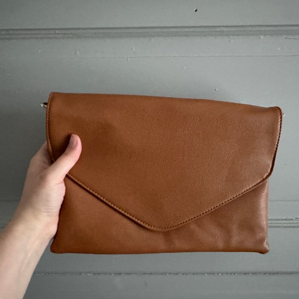Cognac Brown Faux Leather Envelope Clutch with Strap | initial outfitters | NWOT